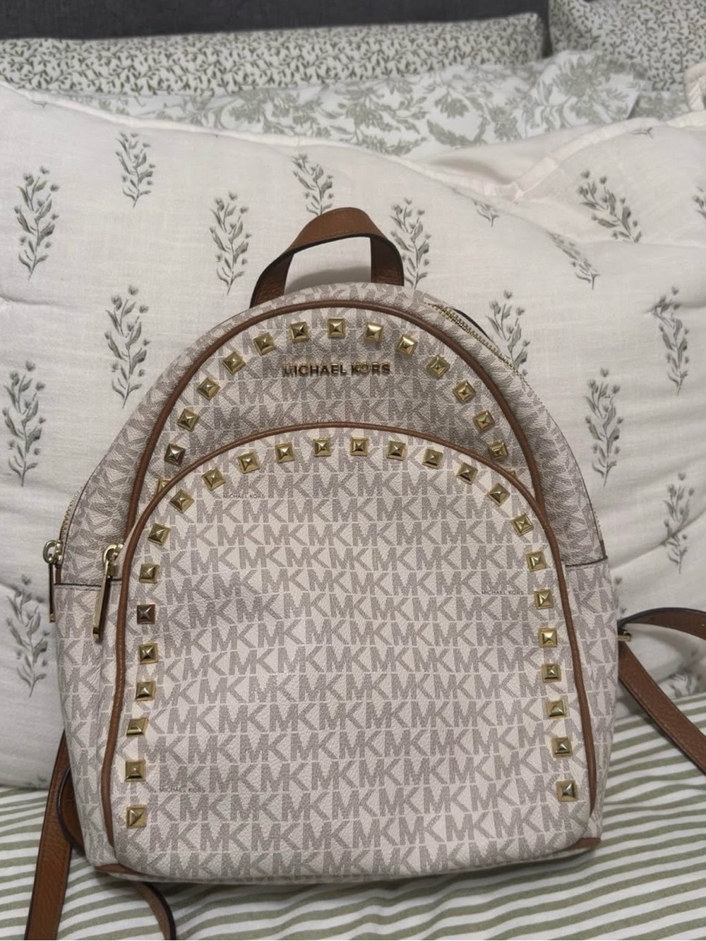 Michael Kors Beige MK Logo Backpack with Gold Studs